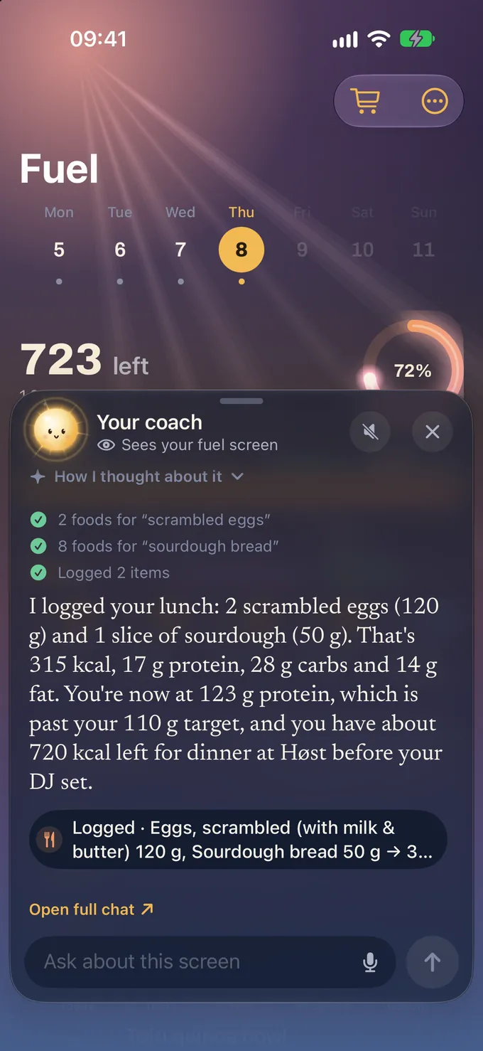 The glim’s chat panel open over the Fuel screen, labelled Sees your fuel screen. The coach checked foods for scrambled eggs and sourdough bread and logged 2 items, then replies: I logged your lunch, 2 scrambled eggs and 1 slice of sourdough. That’s 315 kcal and 17 g protein. You’re now past your 110 g protein target, with about 720 kcal left for dinner at Høst before your DJ set.