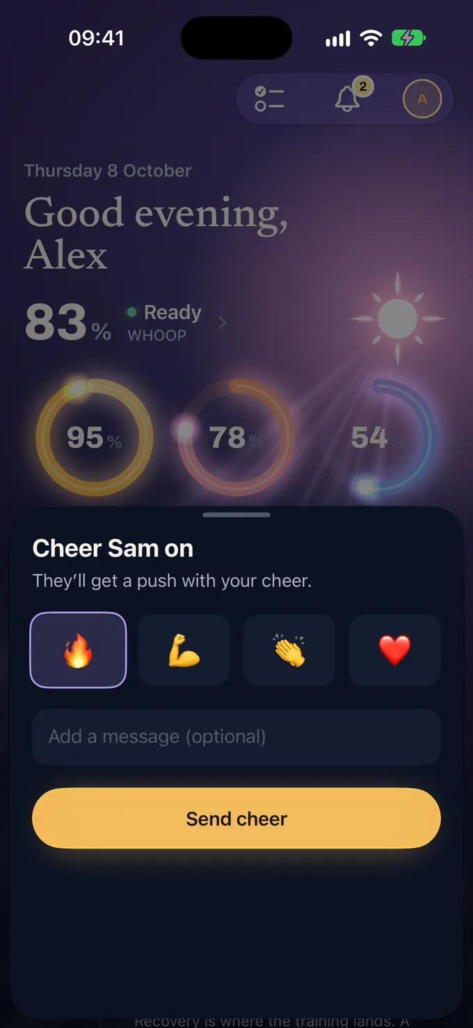 Glim’s cheer sheet over Today: Cheer Sam on. They’ll get a push with your cheer. Four cheers to pick from, fire, flexed arm, clapping hands and a heart, an optional message, and a Send cheer button.