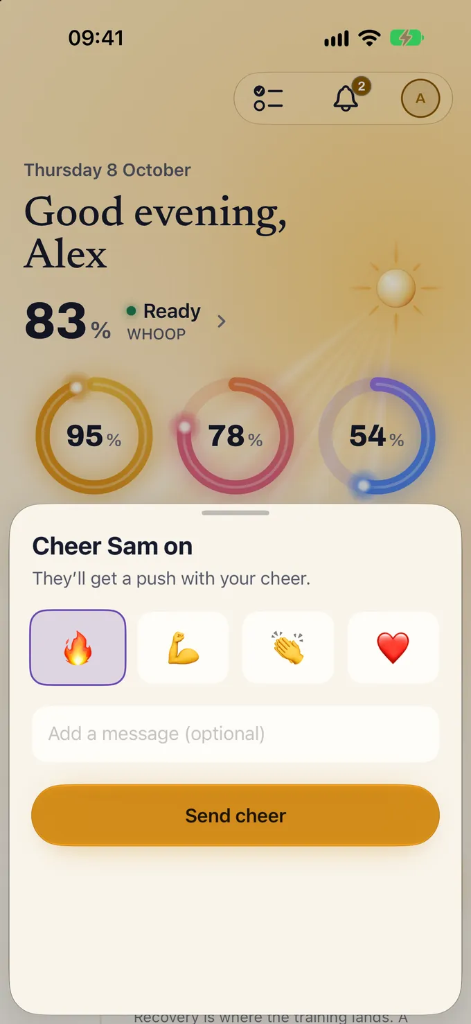 Glim’s cheer sheet over Today: Cheer Sam on. They’ll get a push with your cheer. Four cheers to pick from, fire, flexed arm, clapping hands and a heart, an optional message, and a Send cheer button.
