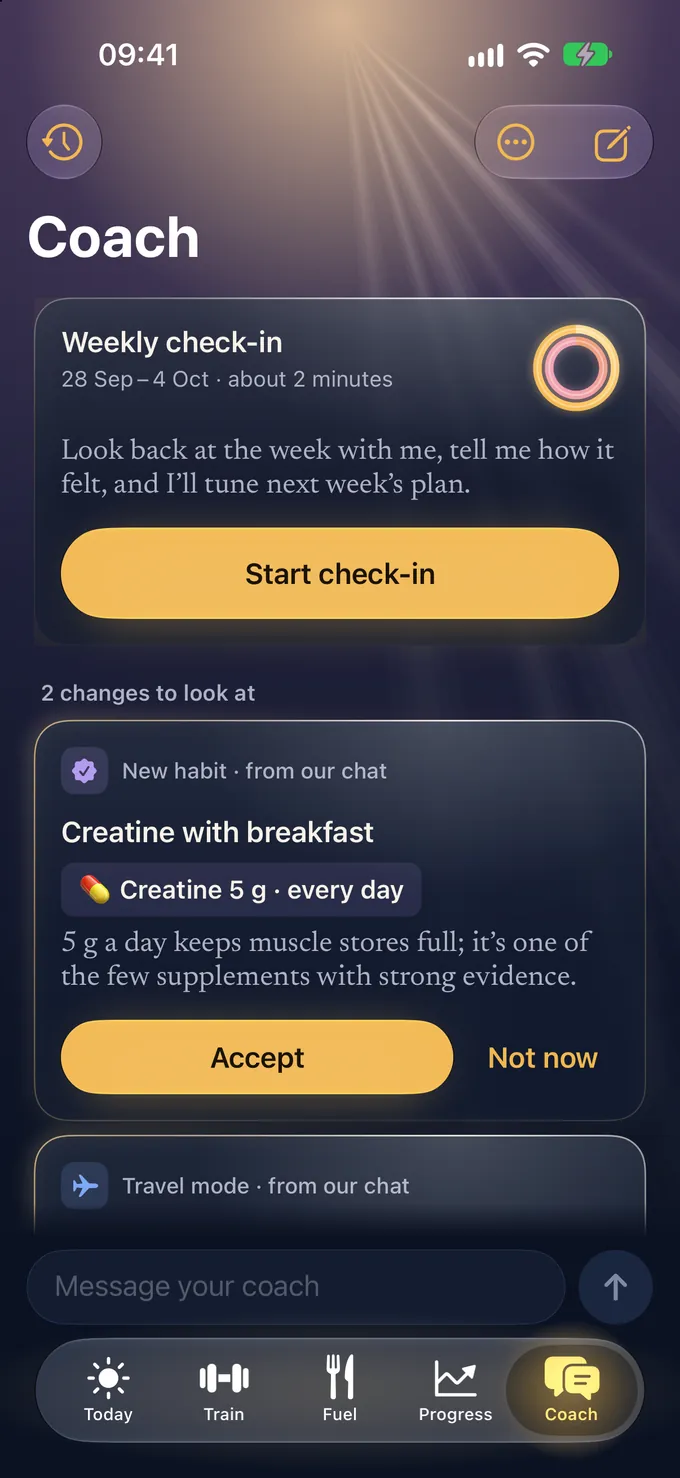 Glim’s Coach tab: the weekly check-in card, and 2 changes to look at, starting with a new habit from the chat, Creatine 5 g every day, with Accept and Not now buttons.