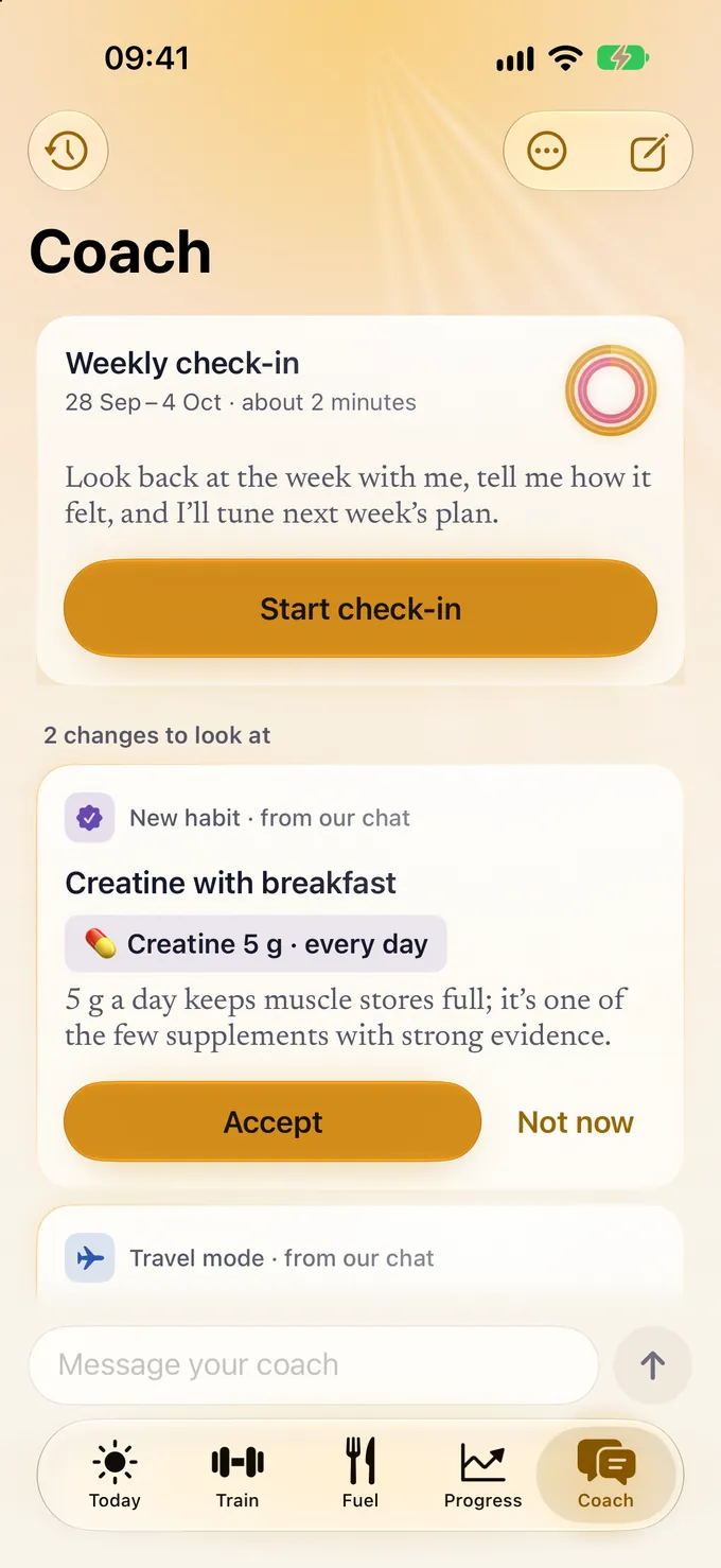 Glim’s Coach tab: the weekly check-in card, and 2 changes to look at, starting with a new habit from the chat, Creatine 5 g every day, with Accept and Not now buttons.