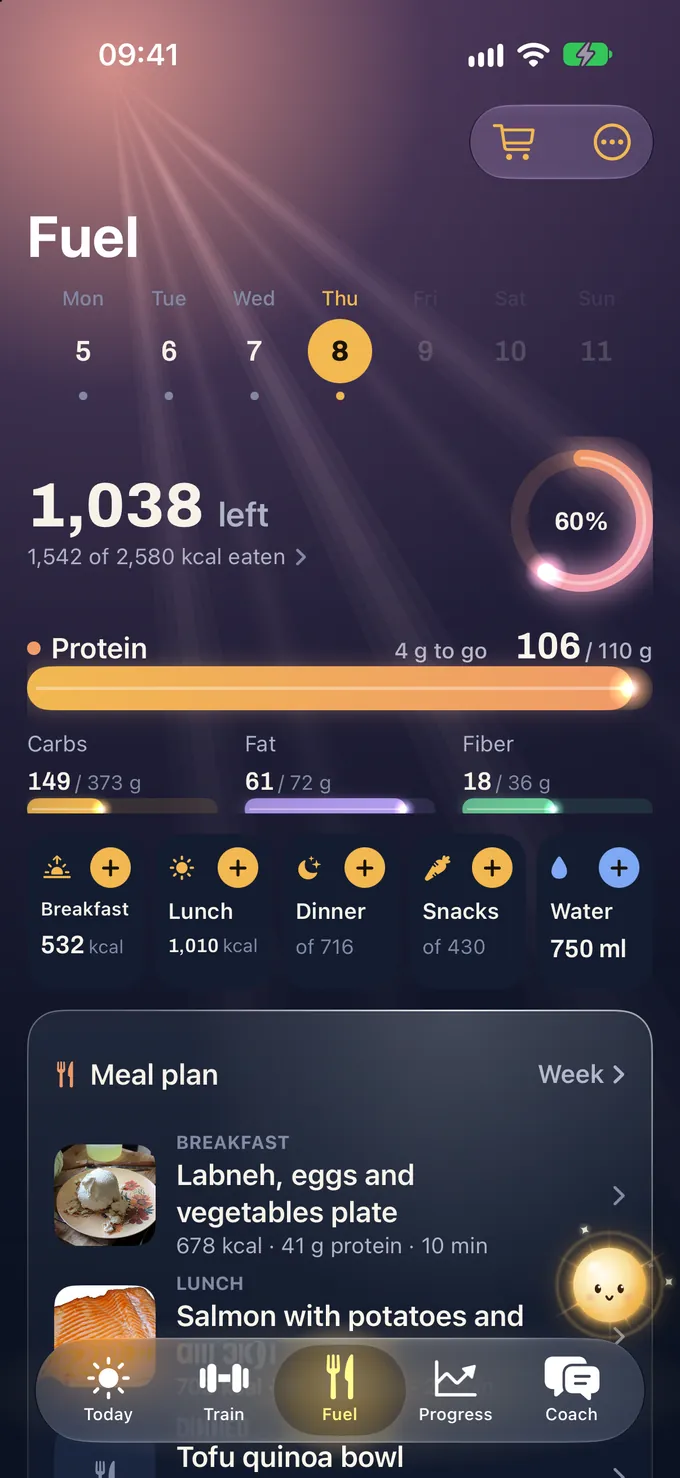 Glim’s Fuel tab under an ember and dawn-rose sky: Thursday 8, 1,038 kcal left with 1,542 of 2,580 eaten and a 60 percent ring, protein 106 of 110 grams as a glowing bar, carbs, fat and fiber below, meals for breakfast, lunch, dinner, snacks and water, and a meal plan with photos.