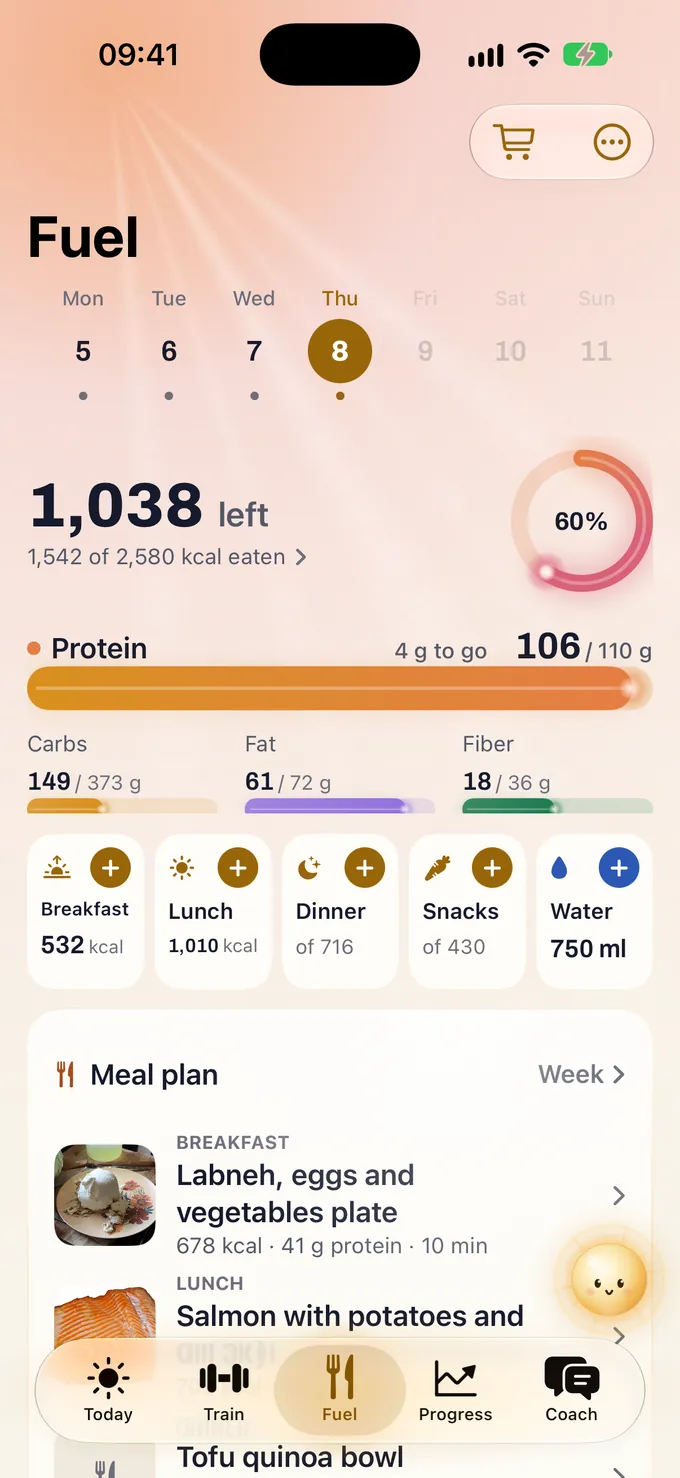 Glim’s Fuel tab under an ember and dawn-rose sky: Thursday 8, 1,038 kcal left with 1,542 of 2,580 eaten and a 60 percent ring, protein 106 of 110 grams as a glowing bar, carbs, fat and fiber below, meals for breakfast, lunch, dinner, snacks and water, and a meal plan with photos.