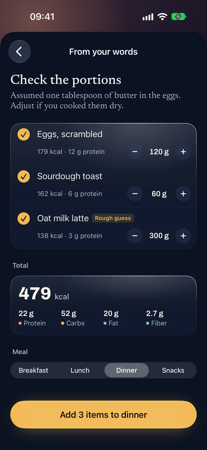 Glim’s food review, From your words: Check the portions. Eggs, scrambled, 120 g; sourdough toast, 60 g; oat milk latte, 300 g, marked rough guess. Total 479 kcal with 22 g protein, and a button to add 3 items to dinner.