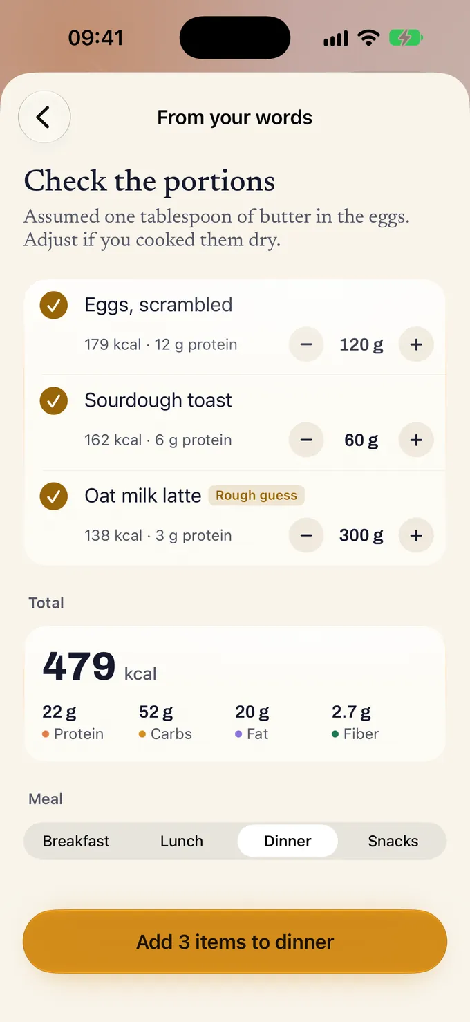Glim’s food review, From your words: Check the portions. Eggs, scrambled, 120 g; sourdough toast, 60 g; oat milk latte, 300 g, marked rough guess. Total 479 kcal with 22 g protein, and a button to add 3 items to dinner.