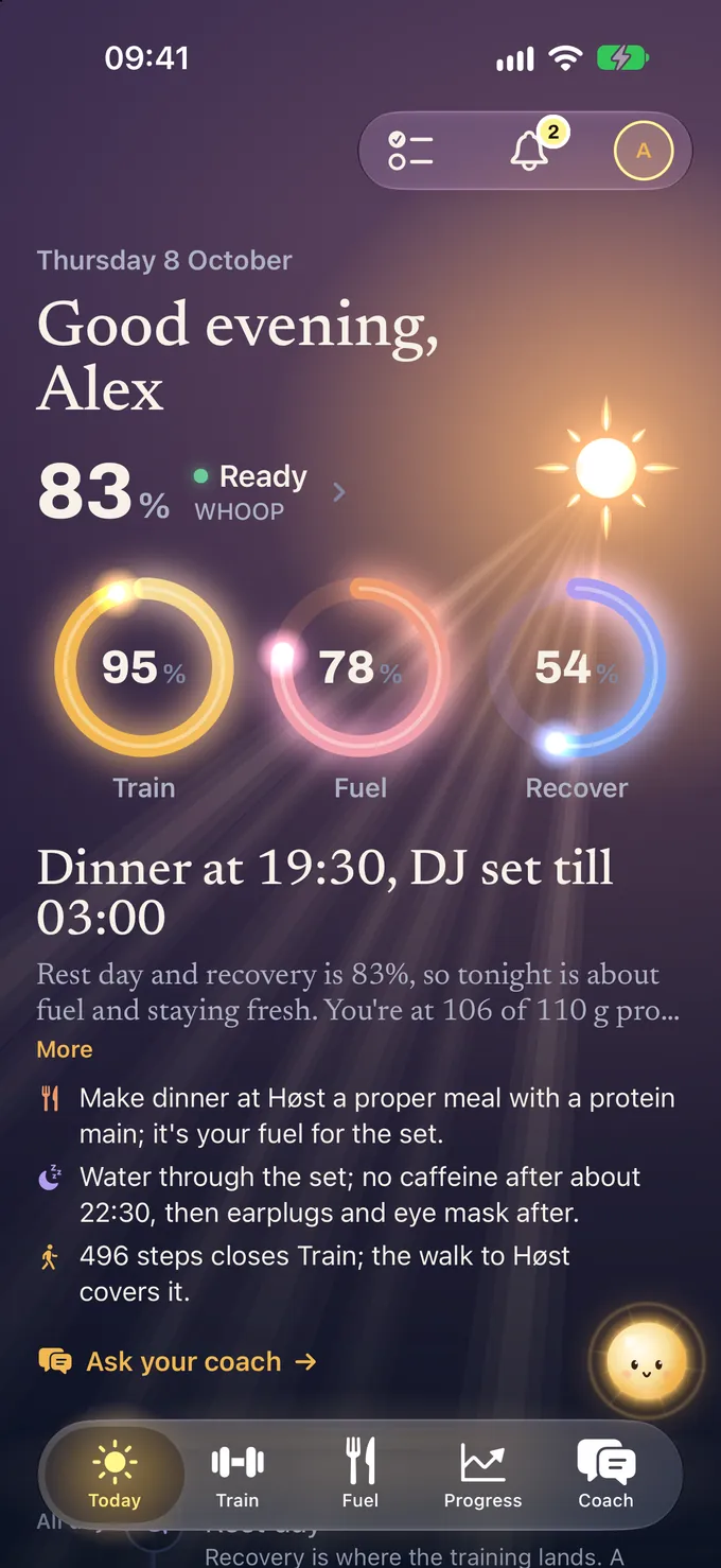 Glim’s Today screen at golden hour for the demo account: Thursday 8 October, good evening Alex, readiness 83 percent from WHOOP, daily rings Train 95, Fuel 78 and Recover 54 percent, and the coach’s brief: Dinner at 19:30, DJ set till 03:00.