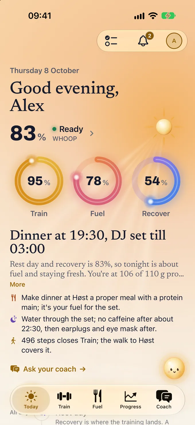 Glim’s Today screen at golden hour for the demo account: Thursday 8 October, good evening Alex, readiness 83 percent from WHOOP, daily rings Train 95, Fuel 78 and Recover 54 percent, and the coach’s brief: Dinner at 19:30, DJ set till 03:00.