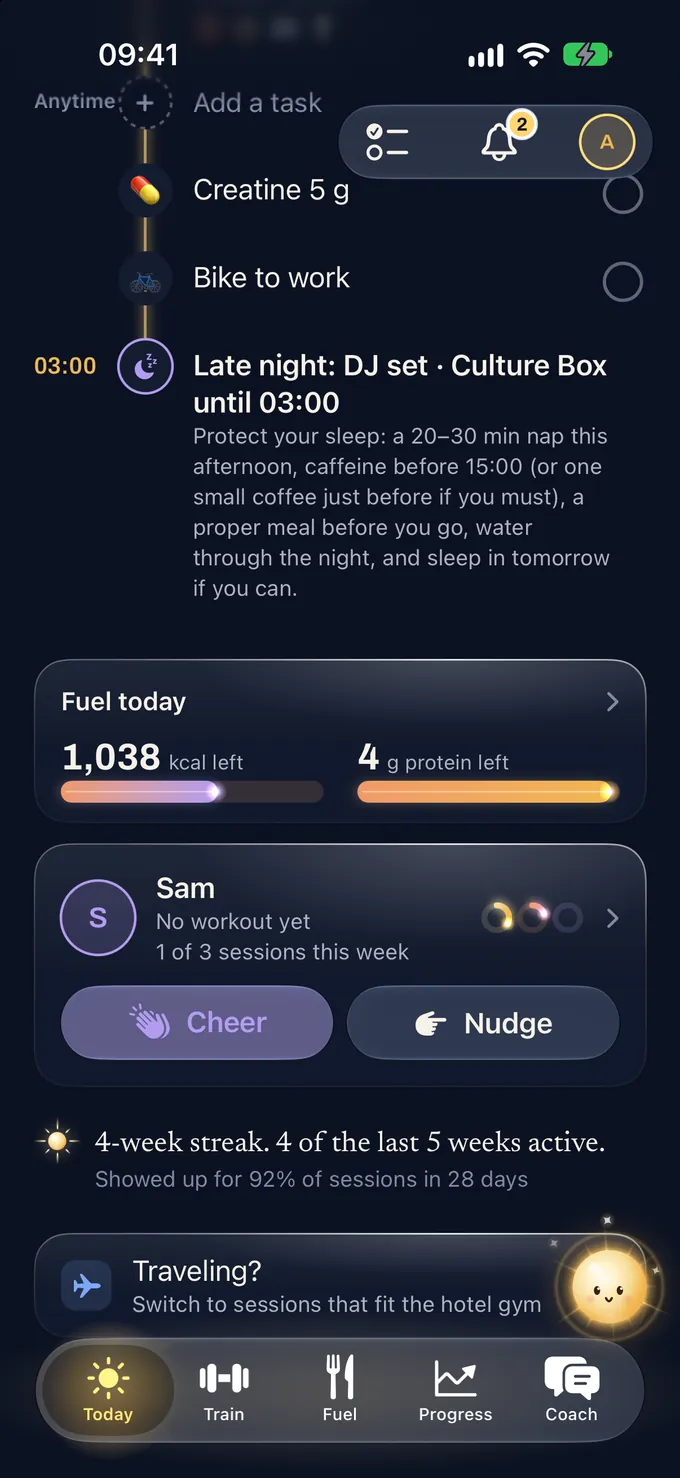Further down Glim’s Today timeline: at 03:00, Late night: DJ set at Culture Box until 03:00, with advice to nap 20 to 30 minutes this afternoon, have caffeine before 15:00, eat a proper meal before going, drink water through the night and sleep in tomorrow. Below: Fuel today, 1,038 kcal and 4 g protein left; partner Sam with Cheer and Nudge buttons; and a 4-week streak.