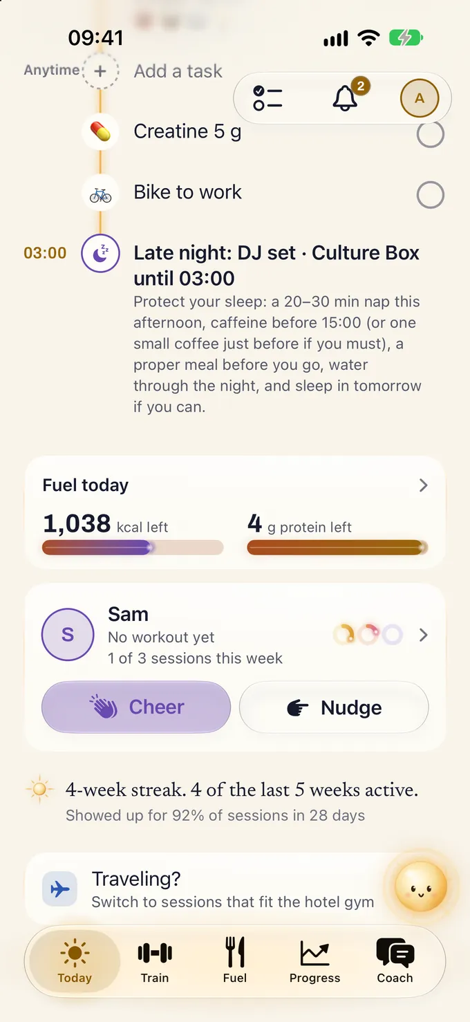 Further down Glim’s Today timeline: at 03:00, Late night: DJ set at Culture Box until 03:00, with advice to nap 20 to 30 minutes this afternoon, have caffeine before 15:00, eat a proper meal before going, drink water through the night and sleep in tomorrow. Below: Fuel today, 1,038 kcal and 4 g protein left; partner Sam with Cheer and Nudge buttons; and a 4-week streak.
