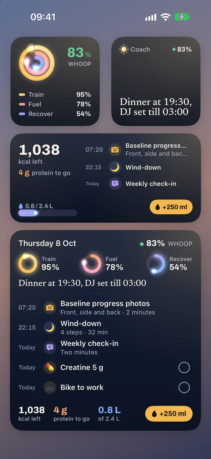 Glim’s home-screen widgets for the demo account: a small rings widget with 83 percent readiness and Train 95, Fuel 78 and Recover 54 percent; a coach widget reading Dinner at 19:30, DJ set till 03:00; a medium widget with 1,038 kcal left and the next items on the timeline; and a large widget with Thursday’s rings, the coach’s note and the day’s plan.