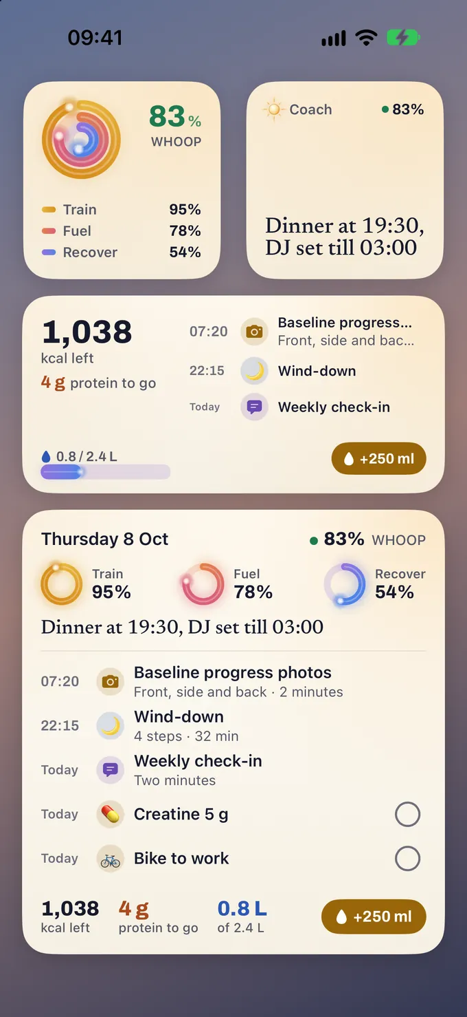 Glim’s home-screen widgets for the demo account: a small rings widget with 83 percent readiness and Train 95, Fuel 78 and Recover 54 percent; a coach widget reading Dinner at 19:30, DJ set till 03:00; a medium widget with 1,038 kcal left and the next items on the timeline; and a large widget with Thursday’s rings, the coach’s note and the day’s plan.