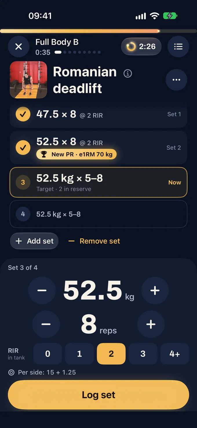 A live workout in Glim: Full Body B, Romanian deadlift. Set 2, 62.5 kilos for 8 at 2 reps in reserve, lights up with New PR, estimated one-rep max 83.3 kilos, in a burst of light. Below are steppers for 62.5 kilos and 8 reps and a Log set button.